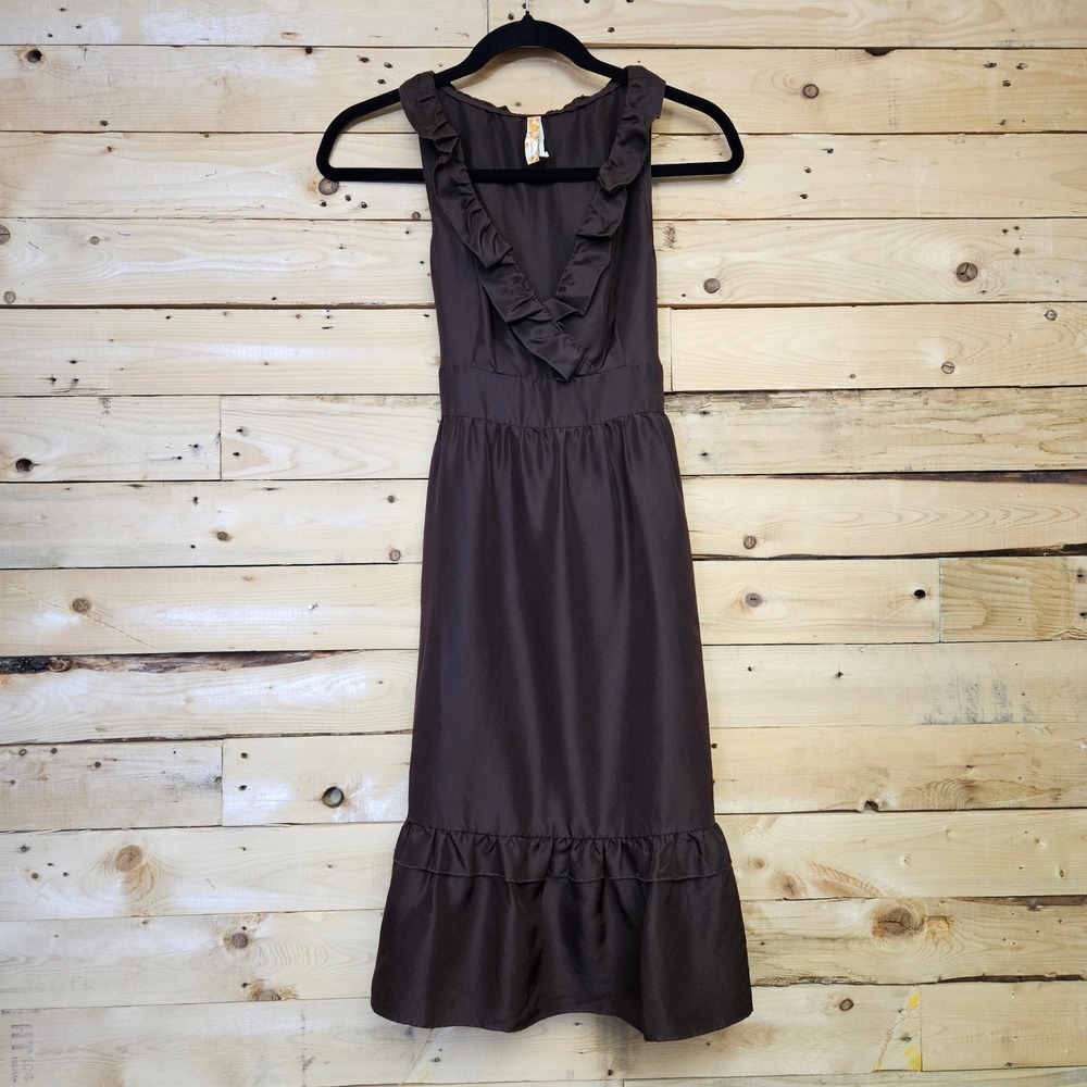Maeve Anthropologie Brown 100% Silk Ruffle V-Neck Empire Waist Tie Back Dress 0